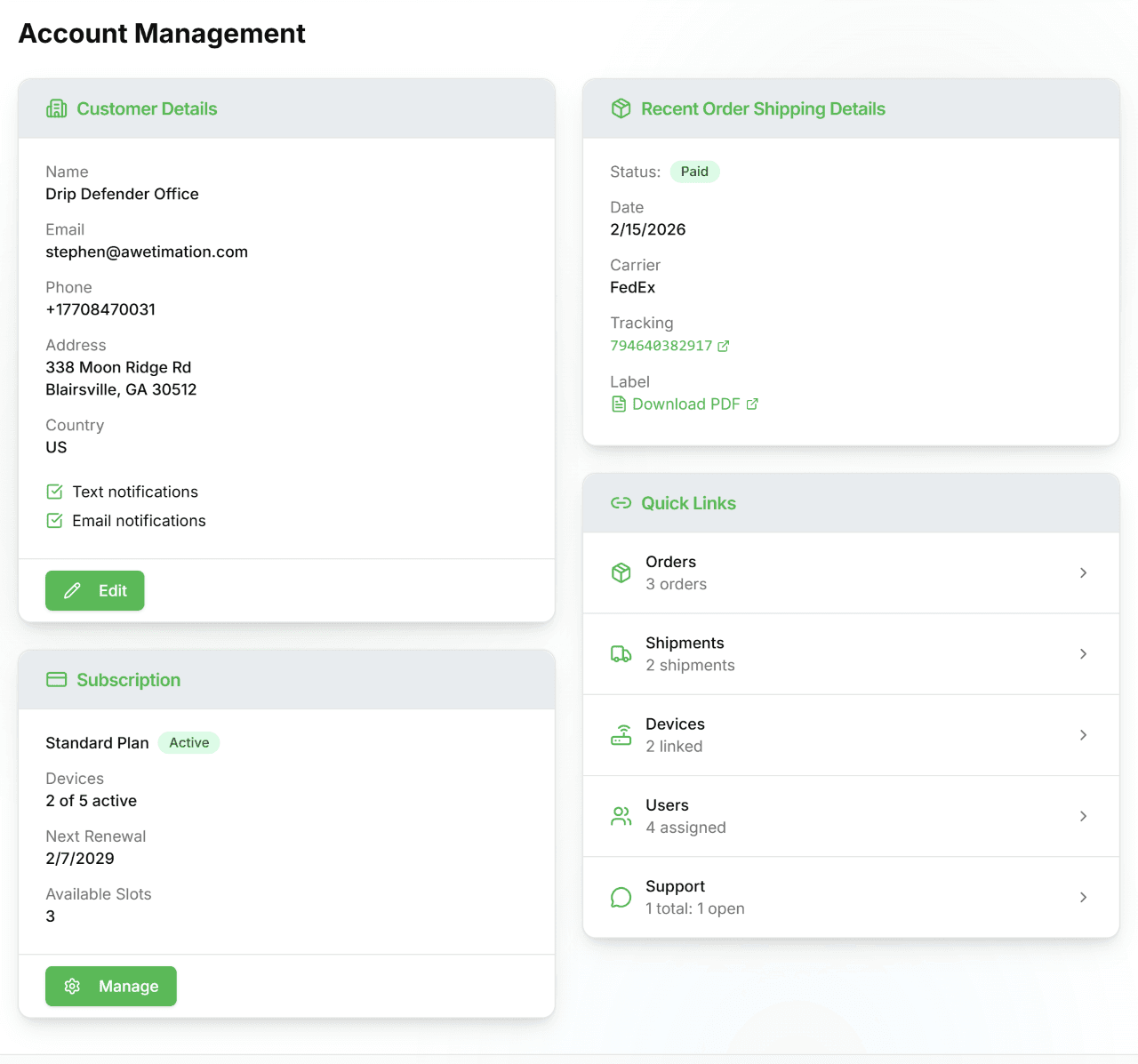 Account dashboard showing customer details, subscription summary, and quick links