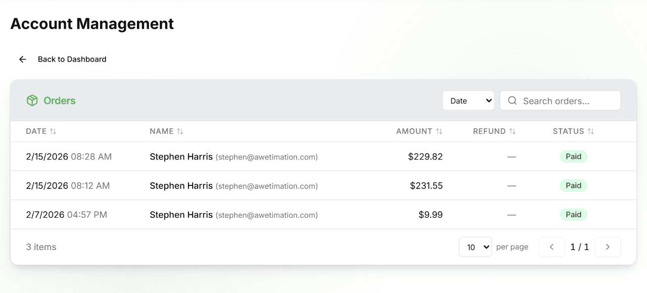 Orders list showing date, name, amount, refund, and status columns