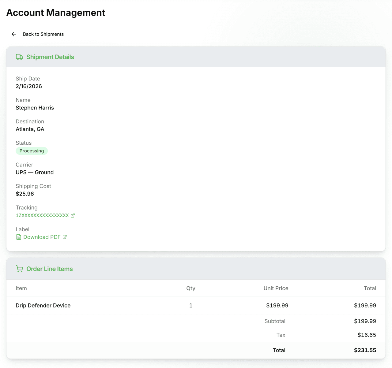 Shipment detail page showing carrier, shipping cost, tracking, label PDF download, and itemised order line items