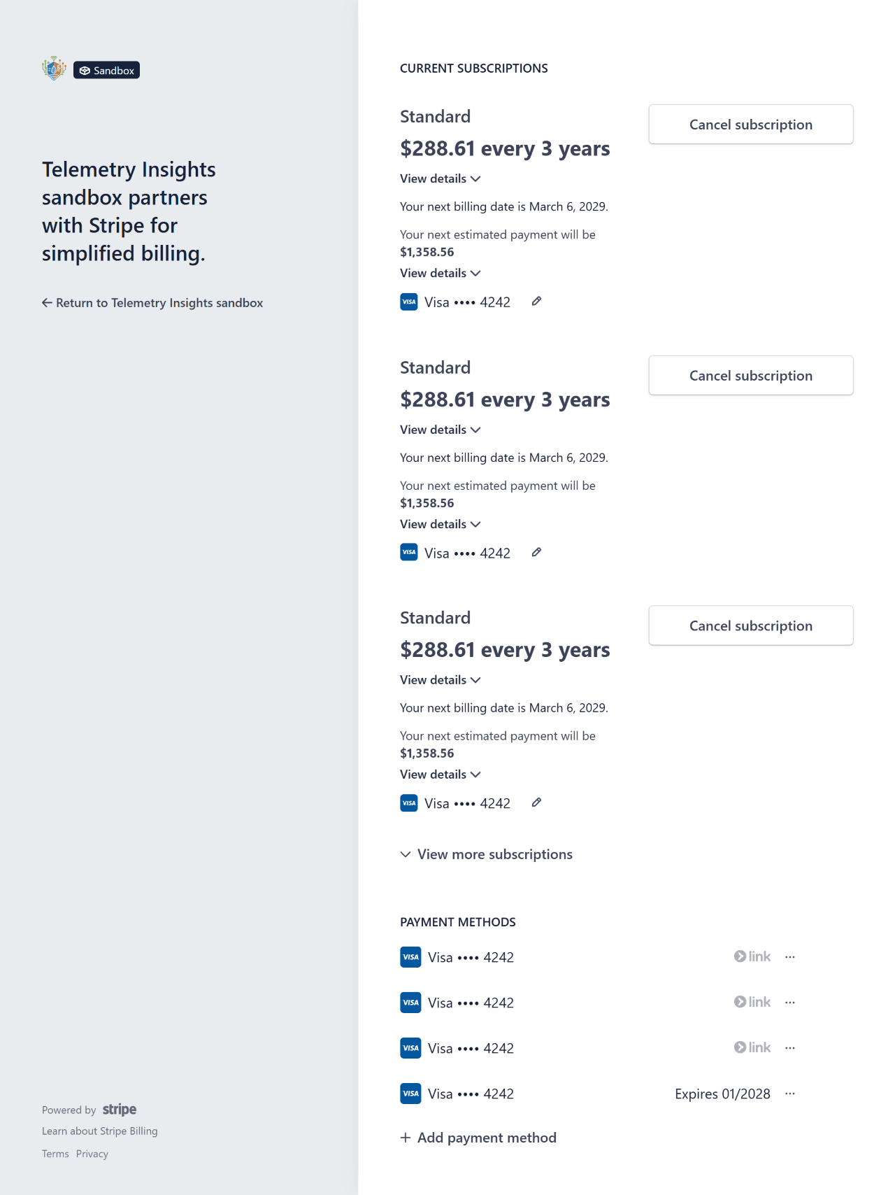 Stripe billing portal showing invoice list with download buttons and billing history