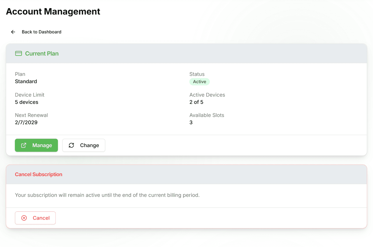 Subscription page showing current plan details, manage billing, change plan, and cancel options
