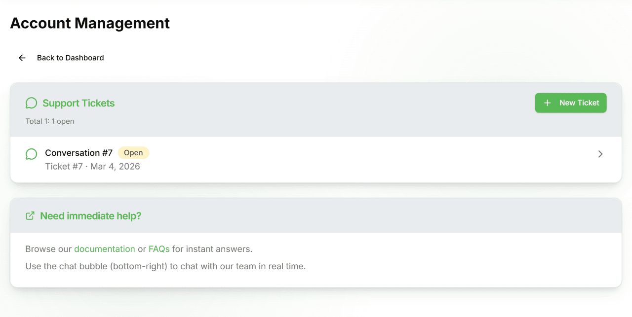Support tickets page listing conversations with status badges and a New Ticket button