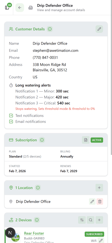 Customer Details page showing Long Watering Alerts with Minor 300 sec, Major 420 sec, Critical 540 sec thresholds and text and email notification options