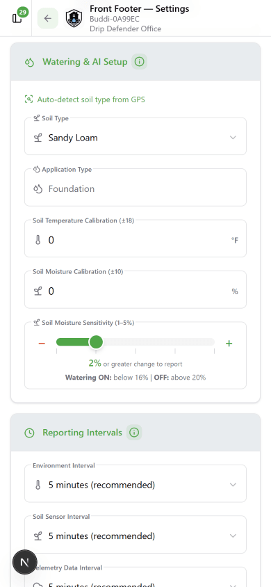 Device Settings showing Watering and AI Setup section with Soil Type, Application Type, calibration fields, and Soil Moisture Sensitivity slider