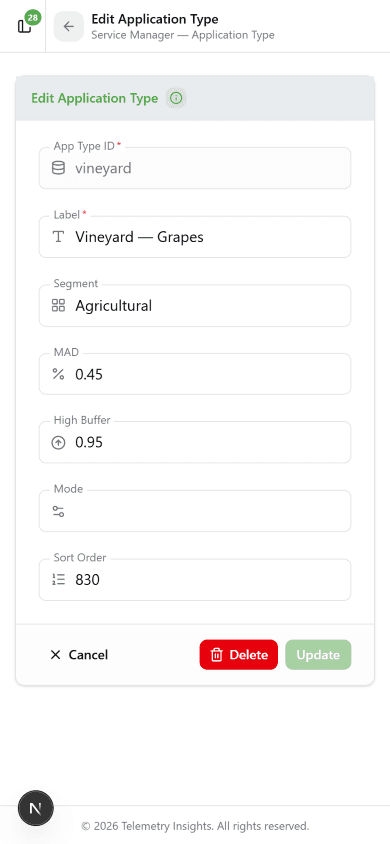 Vineyard application type detail showing MAD 0.45, High Buffer 0.95, Segment Agricultural