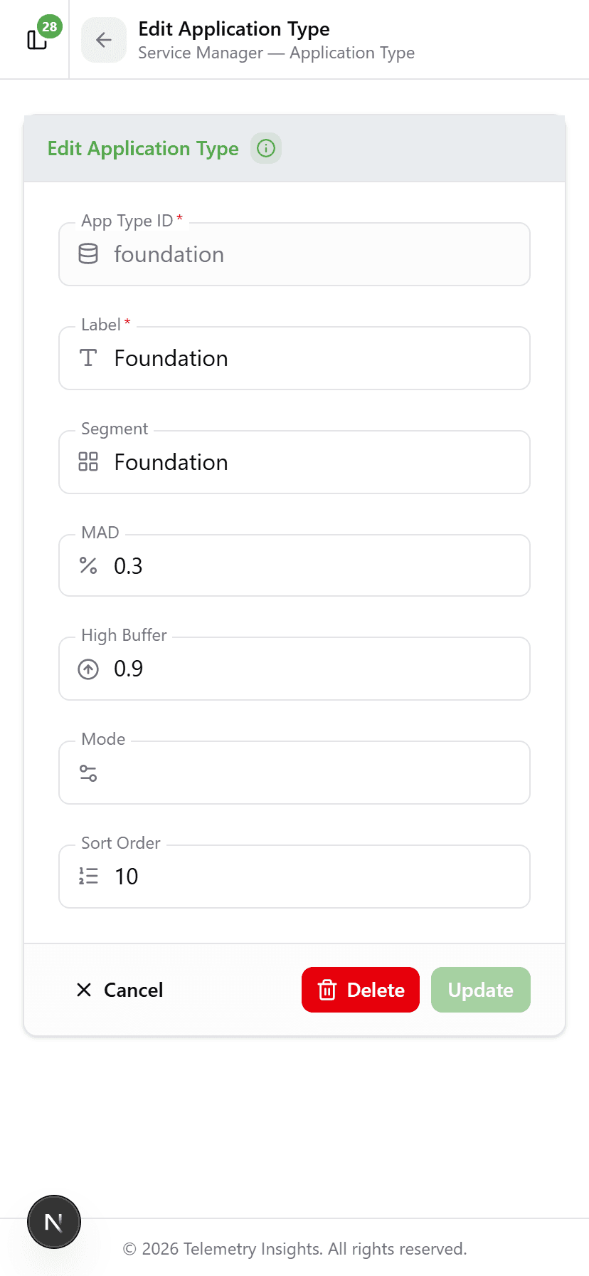 Foundation application type detail showing MAD 0.3, High Buffer 0.9, Segment Foundation