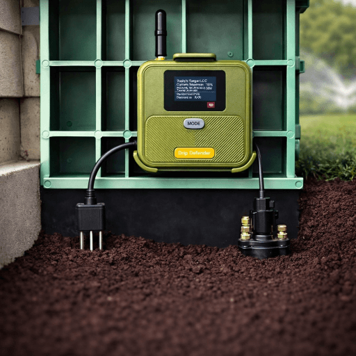 Drip Defender system installed in yard showing IoT device on valve box with underground cross-section revealing valve and soil sensor, home with active sprinklers in background