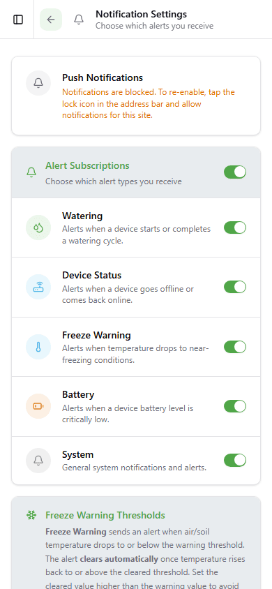 Notification settings on mobile