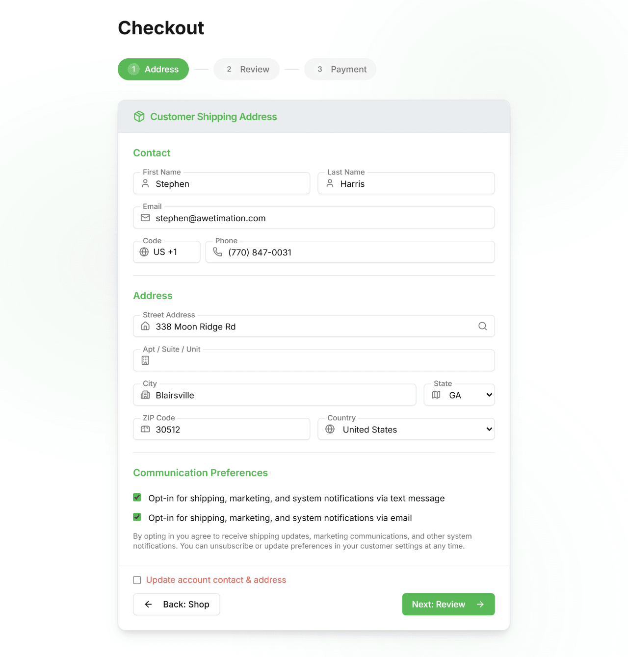 Checkout address step showing name, email, phone, and address fields with Google autocomplete