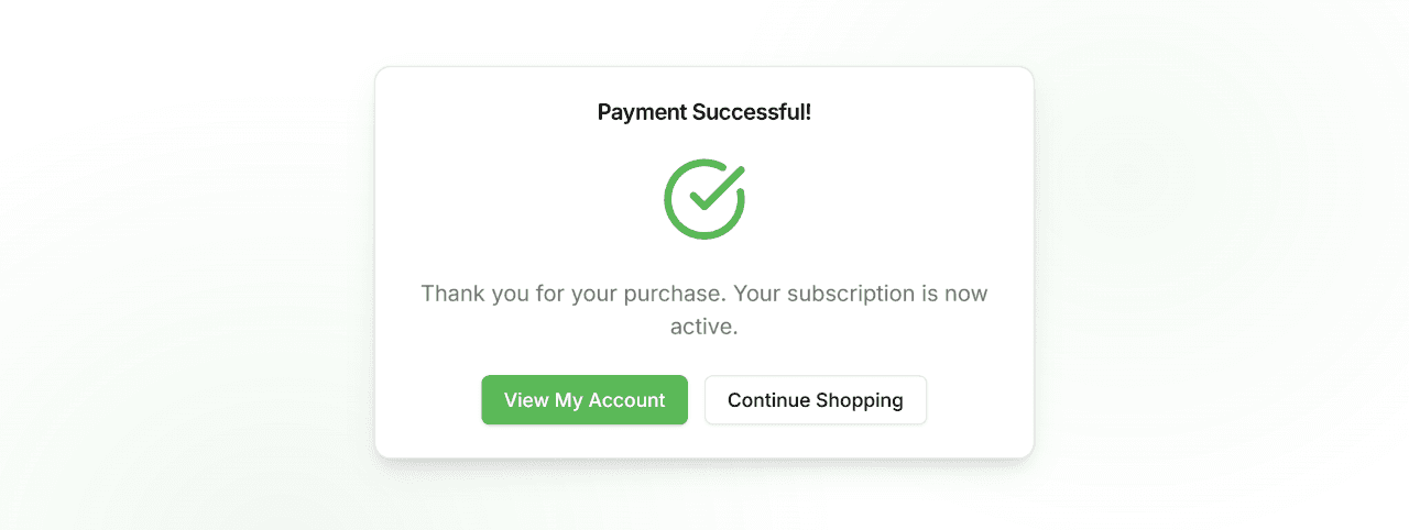 Order confirmation page showing payment successful message, tracking number, and links to account
