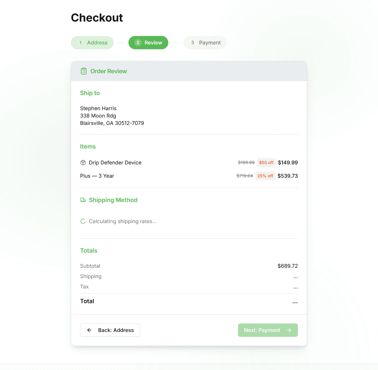Order review step showing items, shipping rate options filtered by speed, and tax calculation