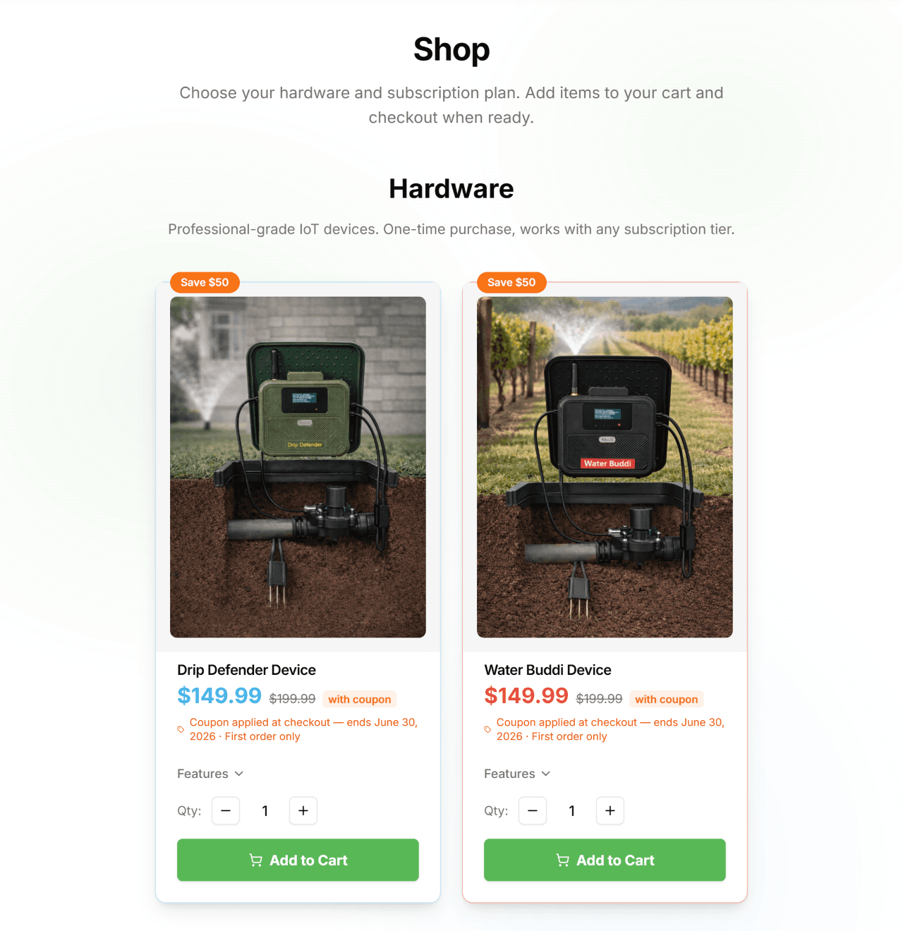Shop hardware section showing Water Buddi and Drip Defender product cards with pricing and Add to Cart buttons