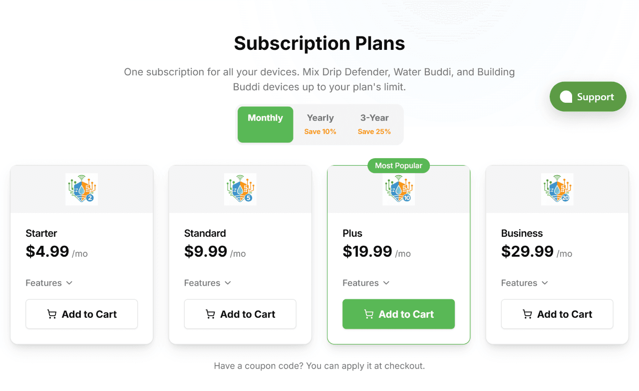 Subscription plans section showing four tiers with billing interval toggle and monthly pricing